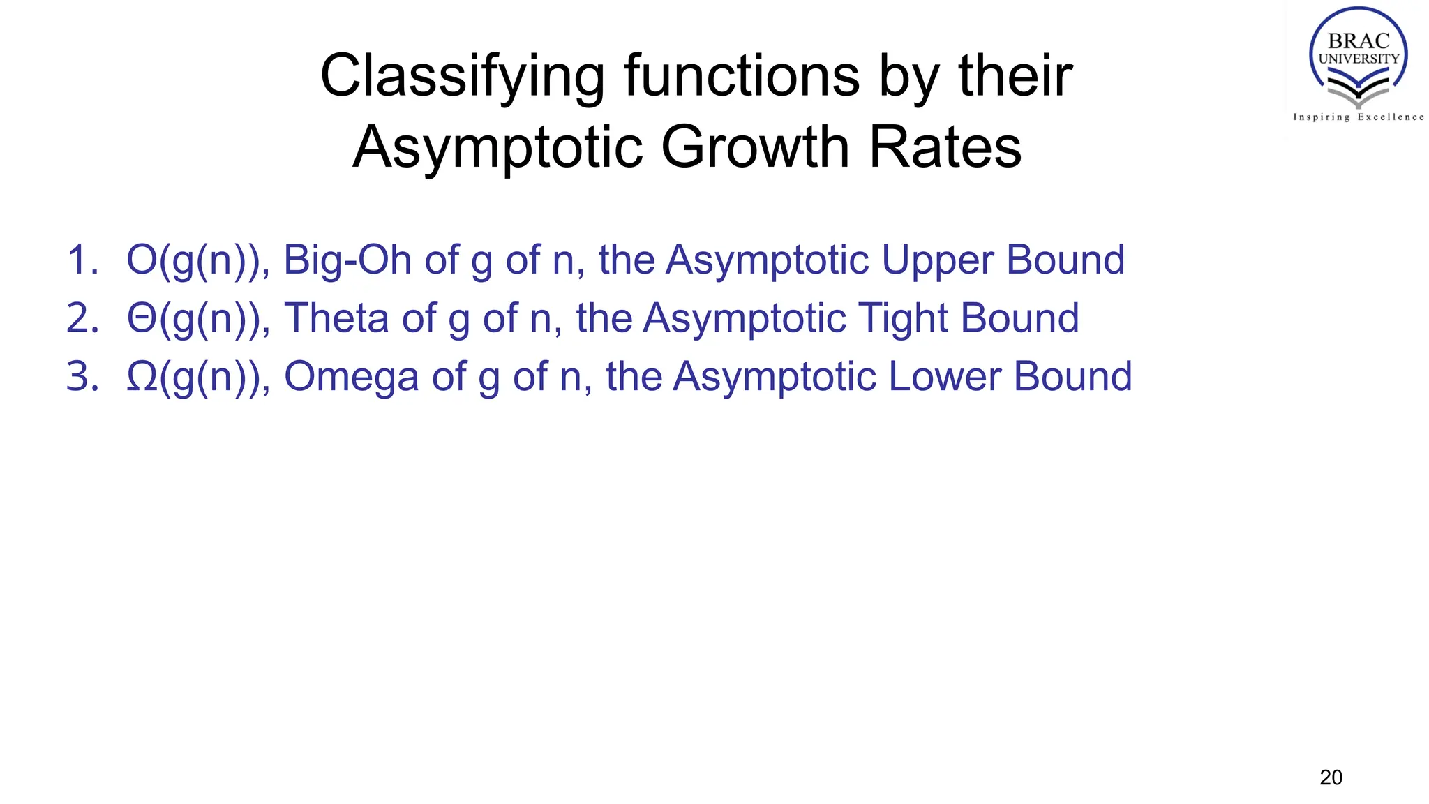Classifying functions by their
Asymptotic Growth Rates
1. O(g(n)), Big-Oh of g of n, the Asymptotic Upper Bound
2. Θ(g(n)), Theta of g of n, the Asymptotic Tight Bound
3. Ω(g(n)), Omega of g of n, the Asymptotic Lower Bound
20
 