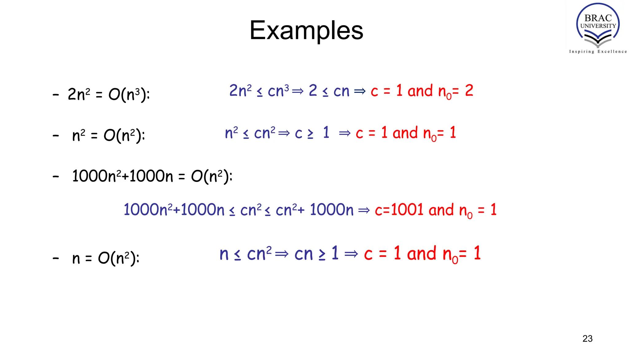 23
Examples
– 2n2
= O(n3
):
– n2
= O(n2
):
– 1000n2
+1000n = O(n2
):
– n = O(n2
):
2n2
≤ cn3
2 ≤ cn
⇒ ⇒ c = 1 and n0= 2
n2
≤ cn2
c ≥ 1
⇒ ⇒ c = 1 and n0= 1
1000n2
+1000n ≤ cn2
≤ cn2
+ 1000n ⇒ c=1001 and n0 = 1
n ≤ cn2
cn ≥ 1
⇒ ⇒ c = 1 and n0= 1
 