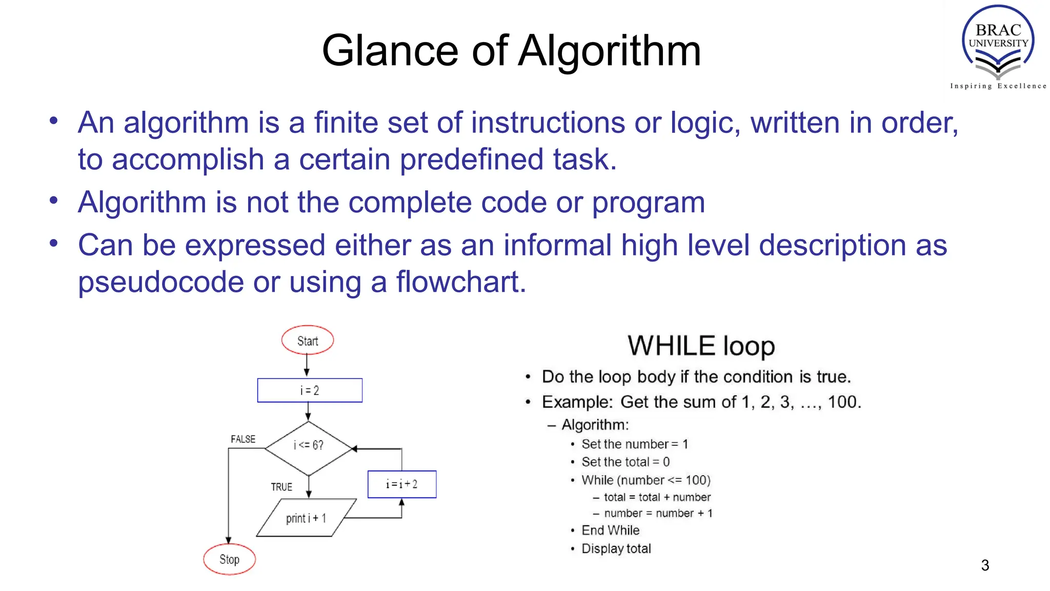 Glance of Algorithm
• An algorithm is a finite set of instructions or logic, written in order,
to accomplish a certain predefined task.
• Algorithm is not the complete code or program
• Can be expressed either as an informal high level description as
pseudocode or using a flowchart.
3
 