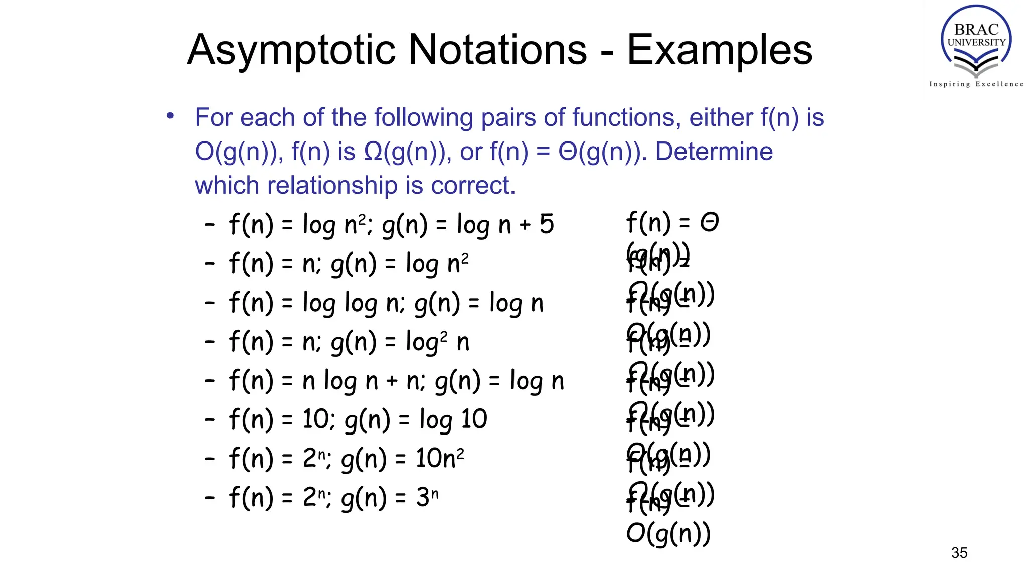 35
Asymptotic Notations - Examples
• For each of the following pairs of functions, either f(n) is
O(g(n)), f(n) is Ω(g(n)), or f(n) = Θ(g(n)). Determine
which relationship is correct.
– f(n) = log n2
; g(n) = log n + 5
– f(n) = n; g(n) = log n2
– f(n) = log log n; g(n) = log n
– f(n) = n; g(n) = log2
n
– f(n) = n log n + n; g(n) = log n
– f(n) = 10; g(n) = log 10
– f(n) = 2n
; g(n) = 10n2
– f(n) = 2n
; g(n) = 3n
f(n) = Θ
(g(n))
f(n) =
Ω(g(n))
f(n) =
O(g(n))
f(n) =
Ω(g(n))
f(n) =
Ω(g(n))
f(n) =
Θ(g(n))
f(n) =
Ω(g(n))
f(n) =
O(g(n))
 