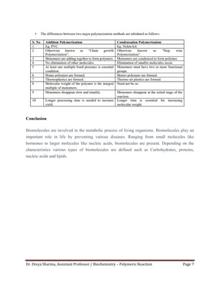 Dr. Divya Sharma, Assistant Professor / Biochemistry – Polymeric Reaction Page 7
Conclusion
Biomolecules are involved in the metabolic process of living organisms. Biomolecules play an
important role in life by preventing various diseases. Ranging from small molecules like
hormones to larger molecules like nucleic acids, biomolecules are present. Depending on the
characteristics various types of biomolecules are defined such as Carbohydrates, proteins,
nucleic acids and lipids.
 