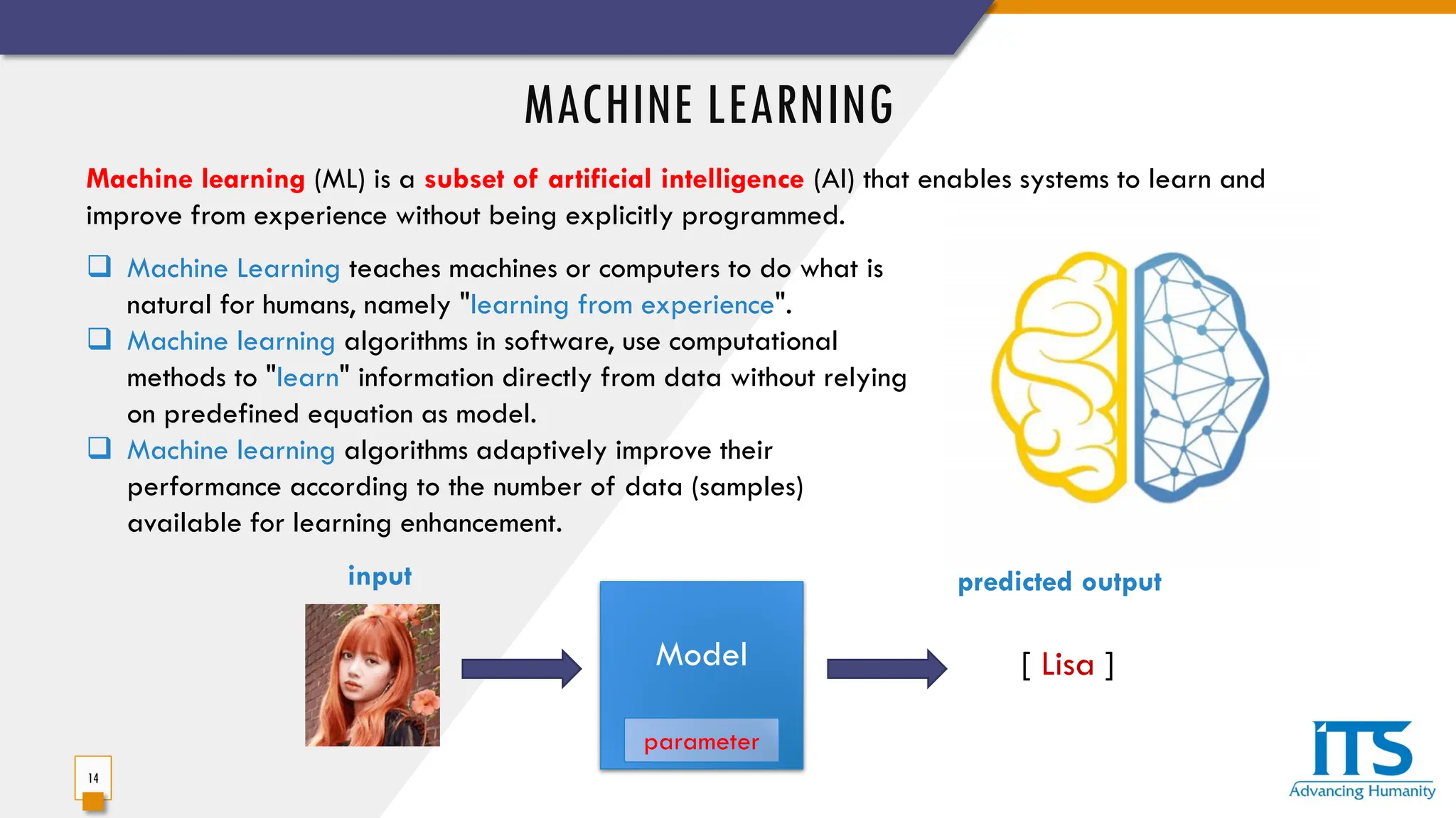 MACHINE LEARNING
14
 Machine Learning teaches machines or computers to do what is
natural for humans, namely "learning from experience".
 Machine learning algorithms in software, use computational
methods to "learn" information directly from data without relying
on predefined equation as model.
 Machine learning algorithms adaptively improve their
performance according to the number of data (samples)
available for learning enhancement.
Model
input predicted output
[ Lisa ]
parameter
Machine learning (ML) is a subset of artificial intelligence (AI) that enables systems to learn and
improve from experience without being explicitly programmed.
 
