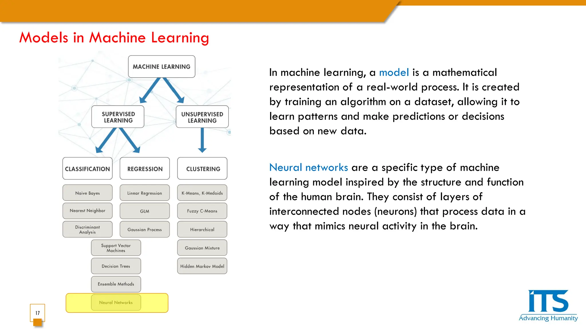 17
Models in Machine Learning
In machine learning, a model is a mathematical
representation of a real-world process. It is created
by training an algorithm on a dataset, allowing it to
learn patterns and make predictions or decisions
based on new data.
Neural networks are a specific type of machine
learning model inspired by the structure and function
of the human brain. They consist of layers of
interconnected nodes (neurons) that process data in a
way that mimics neural activity in the brain.
 