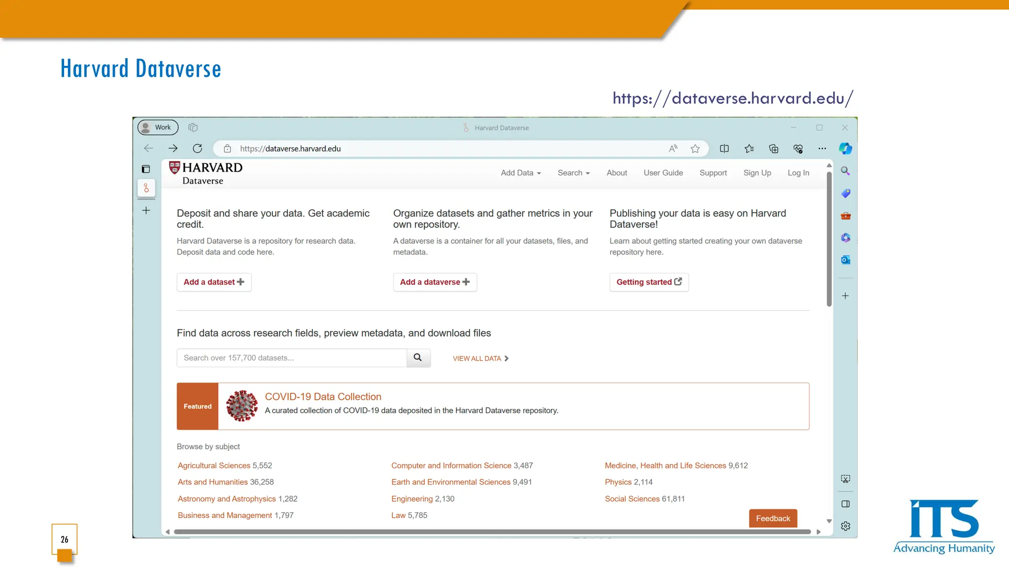 26
Harvard Dataverse
https://dataverse.harvard.edu/
 