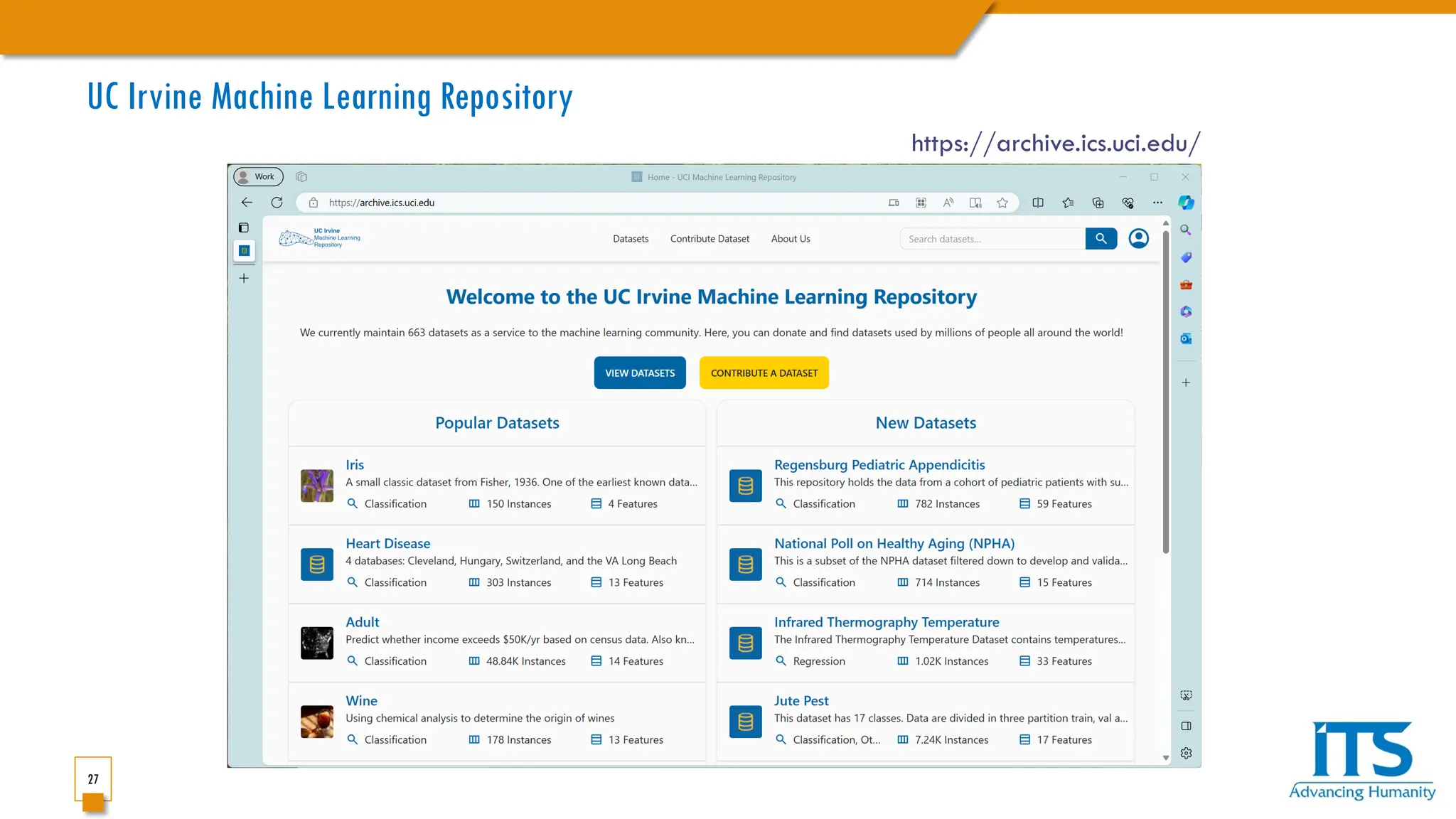 27
UC Irvine Machine Learning Repository
https://archive.ics.uci.edu/
 