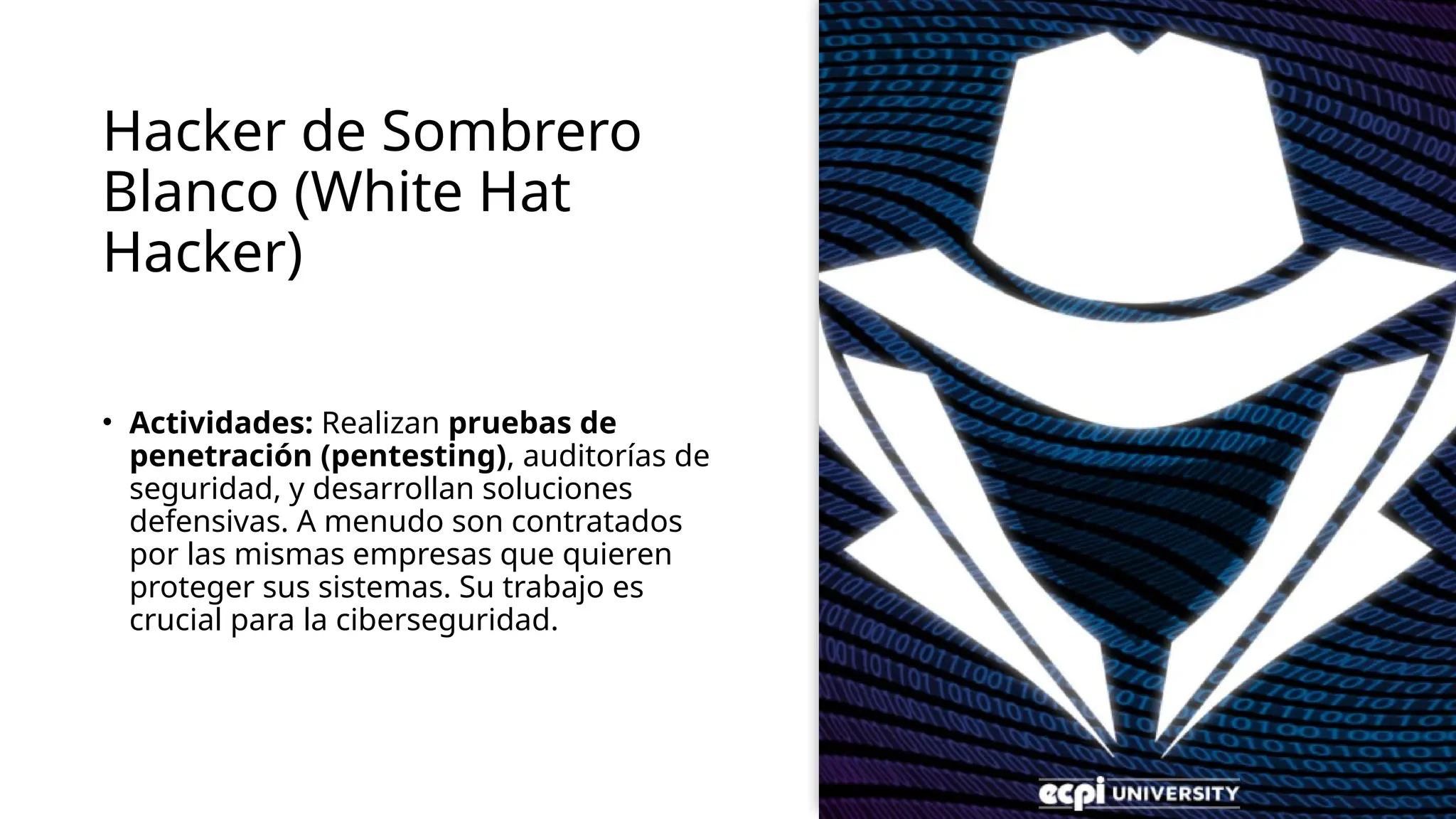 Hacker de Sombrero
Blanco (White Hat
Hacker)
• Actividades: Realizan pruebas de
penetración (pentesting), auditorías de
seguridad, y desarrollan soluciones
defensivas. A menudo son contratados
por las mismas empresas que quieren
proteger sus sistemas. Su trabajo es
crucial para la ciberseguridad.
 