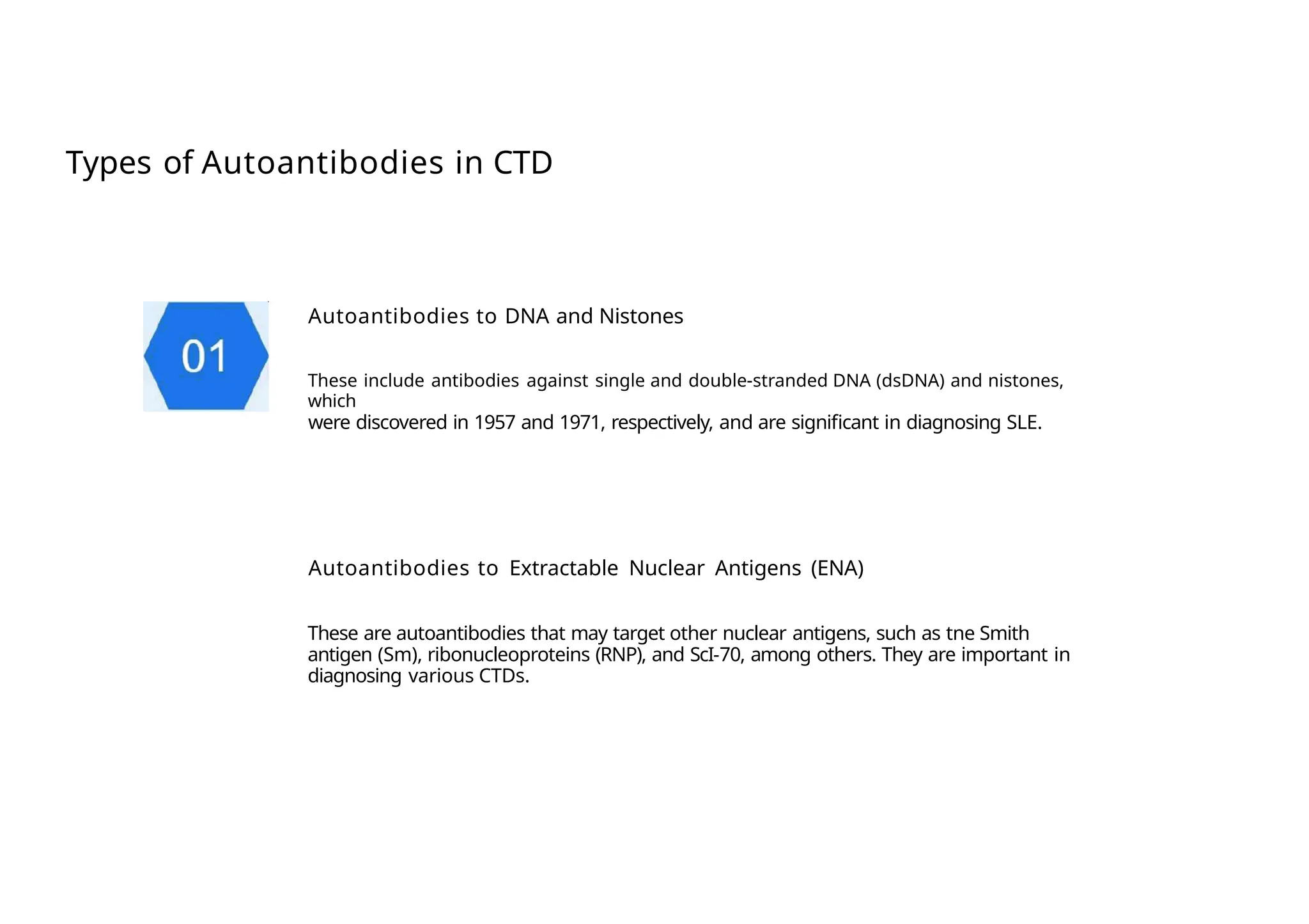 Types of Autoantibodies in CTD
Autoantibodies to DNA and Nistones
These include antibodies against single and double-stranded DNA (dsDNA) and nistones,
which
were discovered in 1957 and 1971, respectively, and are significant in diagnosing SLE.
Autoantibodies to Extractable Nuclear Antigens (ENA)
These are autoantibodies that may target other nuclear antigens, such as tne Smith
antigen (Sm), ribonucleoproteins (RNP), and ScI-70, among others. They are important in
diagnosing various CTDs.
 