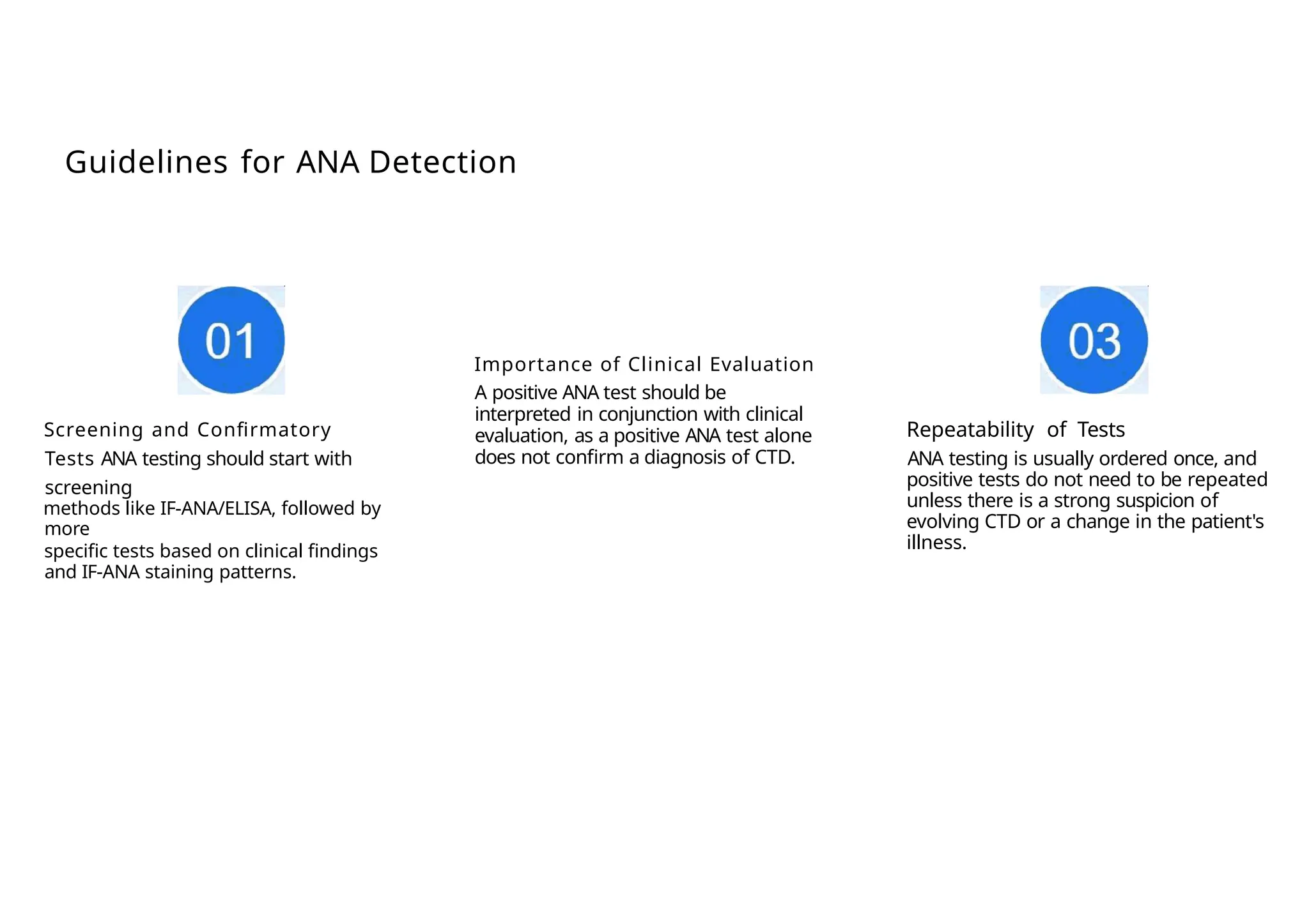 Guidelines for ANA Detection
Screening and Confirmatory
Tests ANA testing should start with
screening
methods like IF-ANA/ELISA, followed by
more
specific tests based on clinical findings
and IF-ANA staining patterns.
Importance of Clinical Evaluation
A positive ANA test should be
interpreted in conjunction with clinical
evaluation, as a positive ANA test alone
does not confirm a diagnosis of CTD.
Repeatability of Tests
ANA testing is usually ordered once, and
positive tests do not need to be repeated
unless there is a strong suspicion of
evolving CTD or a change in the patient's
illness.
 