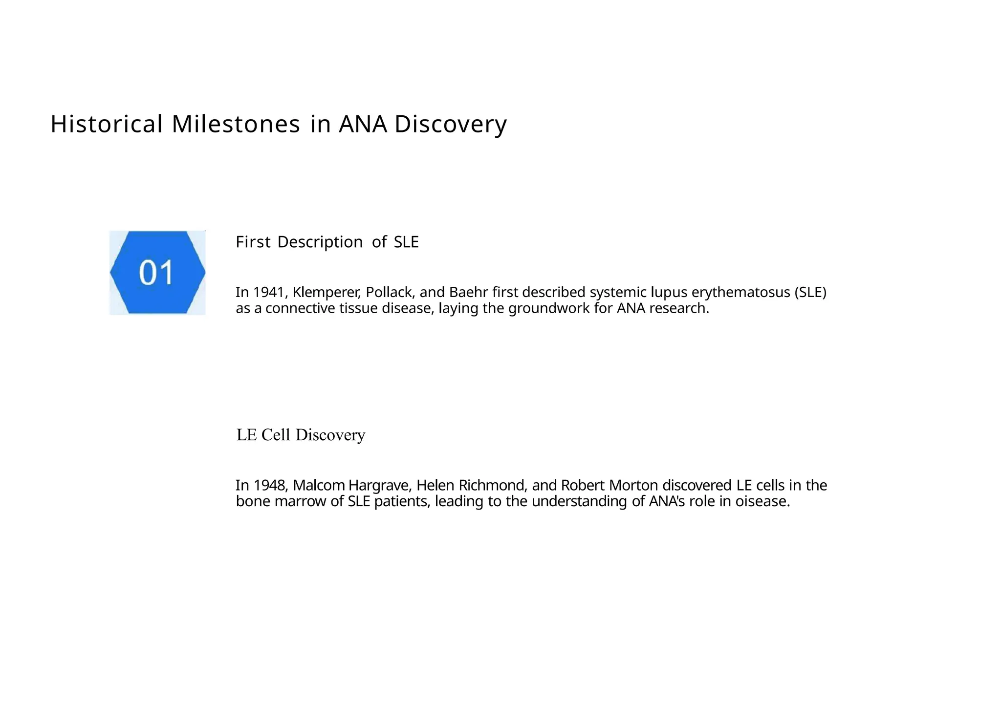 Historical Milestones in ANA Discovery
First Description of SLE
In 1941, Klemperer, Pollack, and Baehr first described systemic lupus erythematosus (SLE)
as a connective tissue disease, laying the groundwork for ANA research.
LE Cell Discovery
In 1948, Malcom Hargrave, Helen Richmond, and Robert Morton discovered LE cells in the
bone marrow of SLE patients, leading to the understanding of ANA's role in oisease.
 