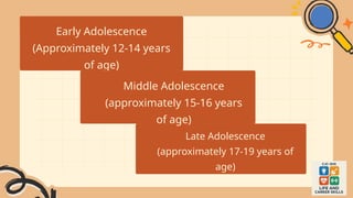 Early Adolescence
(Approximately 12-14 years
of age)
Middle Adolescence
(approximately 15-16 years
of age)
Late Adolescence
(approximately 17-19 years of
age)
 