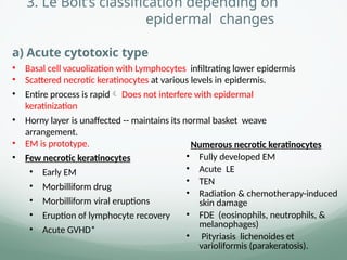 3. Le Boit’s classification depending on
epidermal changes
a) Acute cytotoxic type
• Basal cell vacuolization with Lymphocytes infiltrating lower epidermis
• Scattered necrotic keratinocytes at various levels in epidermis.
• Entire process is rapid Does not interfere with epidermal
keratinization
• Horny layer is unaffected -- maintains its normal basket weave
arrangement.
• EM is prototype.
• Few necrotic keratinocytes
• Early EM
• Morbilliform drug
• Morbilliform viral eruptions
• Eruption of lymphocyte recovery
• Acute GVHD*
Numerous necrotic keratinocytes
• Fully developed EM
• Acute LE
• TEN
• Radiation & chemotherapy-induced
skin damage
• FDE (eosinophils, neutrophils, &
melanophages)
• Pityriasis lichenoides et
varioliformis (parakeratosis).
 