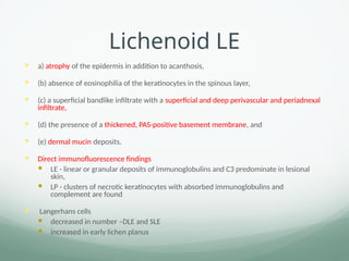 Lichenoid LE
 a) atrophy of the epidermis in addition to acanthosis,
 (b) absence of eosinophilia of the keratinocytes in the spinous layer,
 (c) a superficial bandlike infiltrate with a superficial and deep perivascular and periadnexal
infiltrate,
 (d) the presence of a thickened, PAS-positive basement membrane, and
 (e) dermal mucin deposits.
 Direct immunofluorescence findings
 LE - linear or granular deposits of immunoglobulins and C3 predominate in lesional
skin,
 LP - clusters of necrotic keratinocytes with absorbed immunoglobulins and
complement are found
 Langerhans cells
 decreased in number –DLE and SLE
 increased in early lichen planus
 