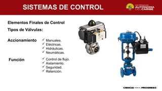 SISTEMAS DE CONTROL
Elementos Finales de Control
Tipos de Válvulas:
 Manuales.
 Eléctricas.
 Hidráulicas.
 Neumáticas.
Accionamiento
Función  Control de flujo.
 Aislamiento.
 Seguridad.
 Retención.
 