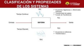 CLASIFICACIÓN Y PROPIEDADES
DE LOS SISTEMAS
Entrada SISTEMA Salida
Tiempo Continuo
X(t)
Y(t)
Tiempo Discreto
X[n]
Y[n]
 Ecuaciones Algebraicas o diferenciales
ordinarias.
 Transformada de Laplace
 Función de Transferencia.
 Ecuaciones en diferencia.
 Transformada Z
 