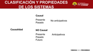 CLASIFICACIÓN Y PROPIEDADES
DE LOS SISTEMAS
No anticipativos
Anticipativos
Causalidad
Presente
Pasado
Presente
Pasado
Futuro
Causal
NO Causal
 