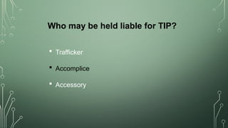Who may be held liable for TIP?
 Accessory
 Accomplice
 Trafficker
 