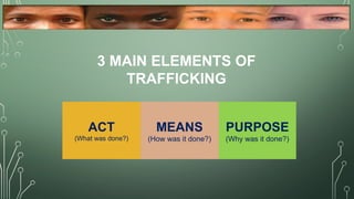 3 MAIN ELEMENTS OF
TRAFFICKING
ACT
(What was done?)
MEANS
(How was it done?)
PURPOSE
(Why was it done?)
 