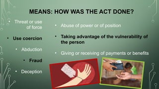 • Threat or use
of force
• Use coercion
• Abduction
• Fraud
• Deception
MEANS: HOW WAS THE ACT DONE?
• Abuse of power or of position
• Taking advantage of the vulnerability of
the person
• Giving or receiving of payments or benefits
 