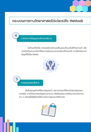 กระบวนการทางวิทยาศาสตร์(Scientific Method)
การวิเคราะห์ข้อมูลและสร้างคาอธิบาย
4
การสรุปผลและสื่อสาร
5
บันทึกผลที่เกิดขึ้น อาจคอยสังเกตความเปลี่ยนแปลงที่มองเห็นได้ด้วยตาเปล่า หรือ
อาจเก็บตัวอย่างมาวัดค่าที่ต้องการเมื่อครบระยะเวลาศึกษาที่กาหนดไว้ จากนั้นจึงวิเคราะห์
ข้อมูลที่ได้เพื่อหาข้อสรุป
เป็นขั้นตอนสุดท้ายก็คือการสรุปผลว่า ผลการทดลองที่ได้ตรงกับสมมติฐานของ
เราหรือไม่ จากนั้นจึงนาเสนอในรูปแบบรายงาน หรือตีพิมพ์ผลงานวิจัยในวารสารวิชาการ
ต่าง ๆ ต่อไปเพื่อให้ผู้ที่สนใจได้นาองค์ความรู้ของเราไปศึกษาต่อ
 