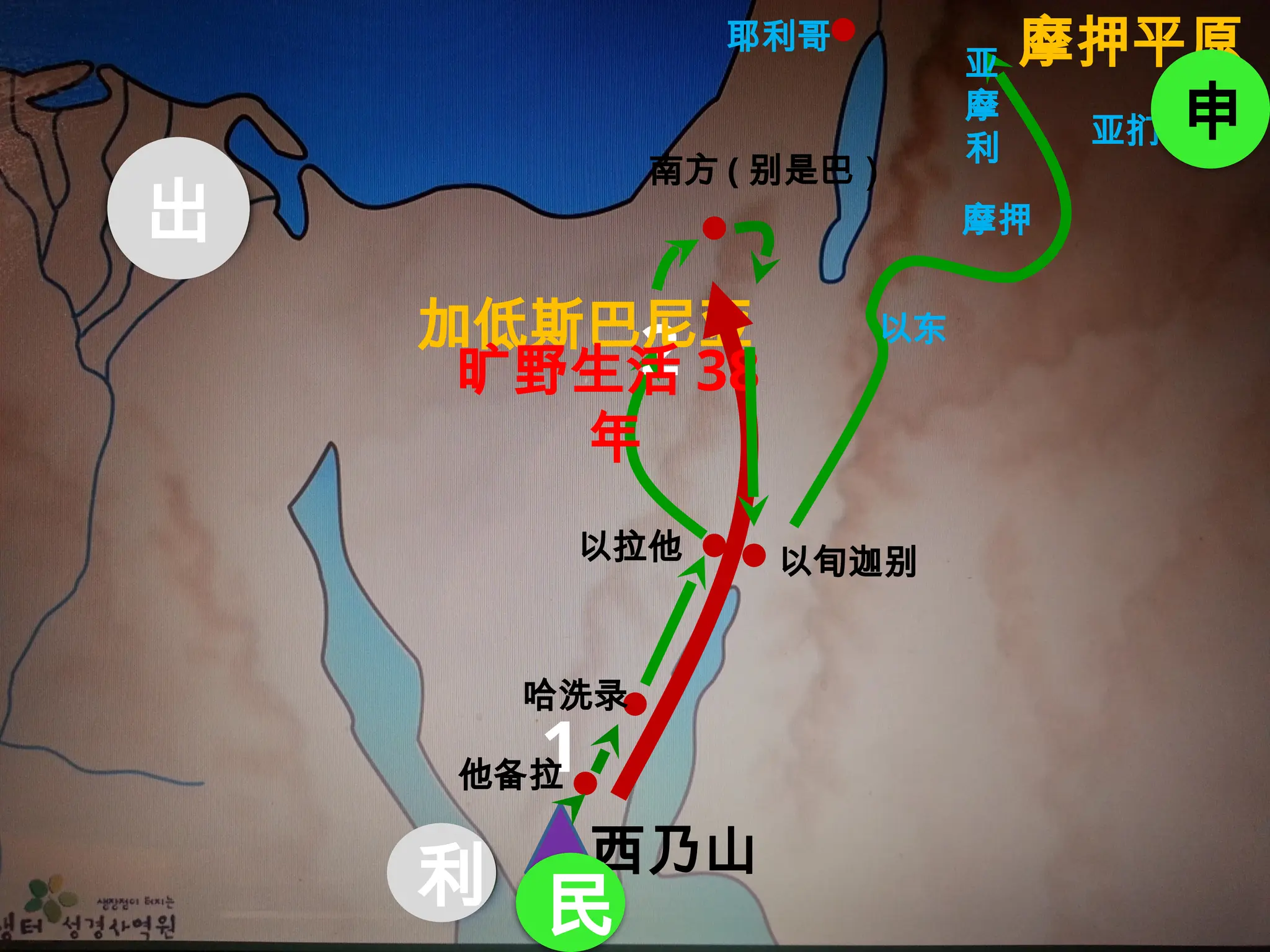 出
利
1
2
西乃山
加低斯巴尼亚
民
南方 ( 别是巴）
哈洗录
旷野生活 38
年
他备拉
以拉他
耶利哥
以东
摩押
亚
摩
利
亚扪
摩押平原
以旬迦别
民
申
 