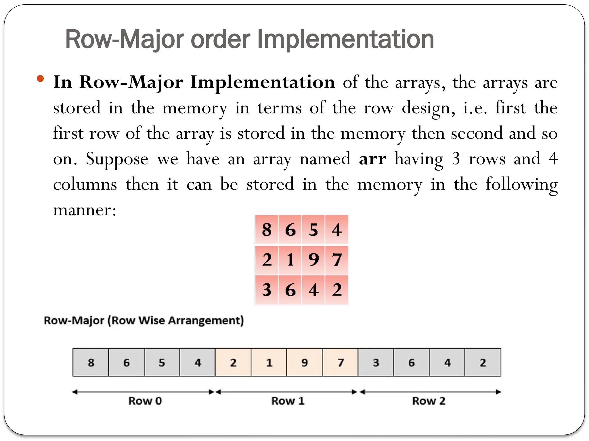 Row-Major order Implementation
 In Row-Major Implementation of the arrays, the arrays are
stored in the memory in terms of the row design, i.e. first the
first row of the array is stored in the memory then second and so
on. Suppose we have an array named arr having 3 rows and 4
columns then it can be stored in the memory in the following
manner:
 