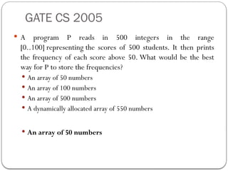 GATE CS 2005
 A program P reads in 500 integers in the range
[0..100] representing the scores of 500 students. It then prints
the frequency of each score above 50. What would be the best
way for P to store the frequencies?
 An array of 50 numbers
 An array of 100 numbers
 An array of 500 numbers
 A dynamically allocated array of 550 numbers
 An array of 50 numbers
 
