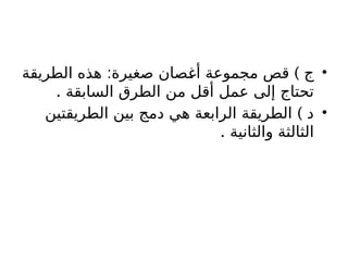 •
: )
‫الطريقة‬ ‫هذه‬ ‫صغيرة‬ ‫أغصان‬ ‫مجموعة‬ ‫قص‬ ‫ج‬
. ‫السابقة‬ ‫الطرق‬ ‫من‬ ‫أقل‬ ‫عمل‬ ‫إلى‬ ‫تحتاج‬
•
)
‫الطريقتين‬ ‫بين‬ ‫دمج‬ ‫هي‬ ‫الرابعة‬ ‫الطريقة‬ ‫د‬
. ‫والثانية‬ ‫الثالثة‬
 
