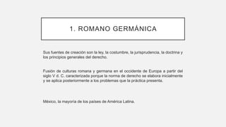 1. ROMANO GERMÁNICA
Sus fuentes de creación son la ley, la costumbre, la jurisprudencia, la doctrina y
los principios generales del derecho.
Fusión de culturas romana y germana en el occidente de Europa a partir del
siglo V d. C. caracterizada porque la norma de derecho se elabora inicialmente
y se aplica posteriormente a los problemas que la práctica presenta.
México, la mayoría de los países de América Latina.
 
