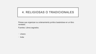 4. RELIGIOSAS O TRADICIONALES
Países que organizan su ordenamiento jurídico basándose en un libro
revelado.
Fuentes: Libros sagrados.
• Líbano
• India
 