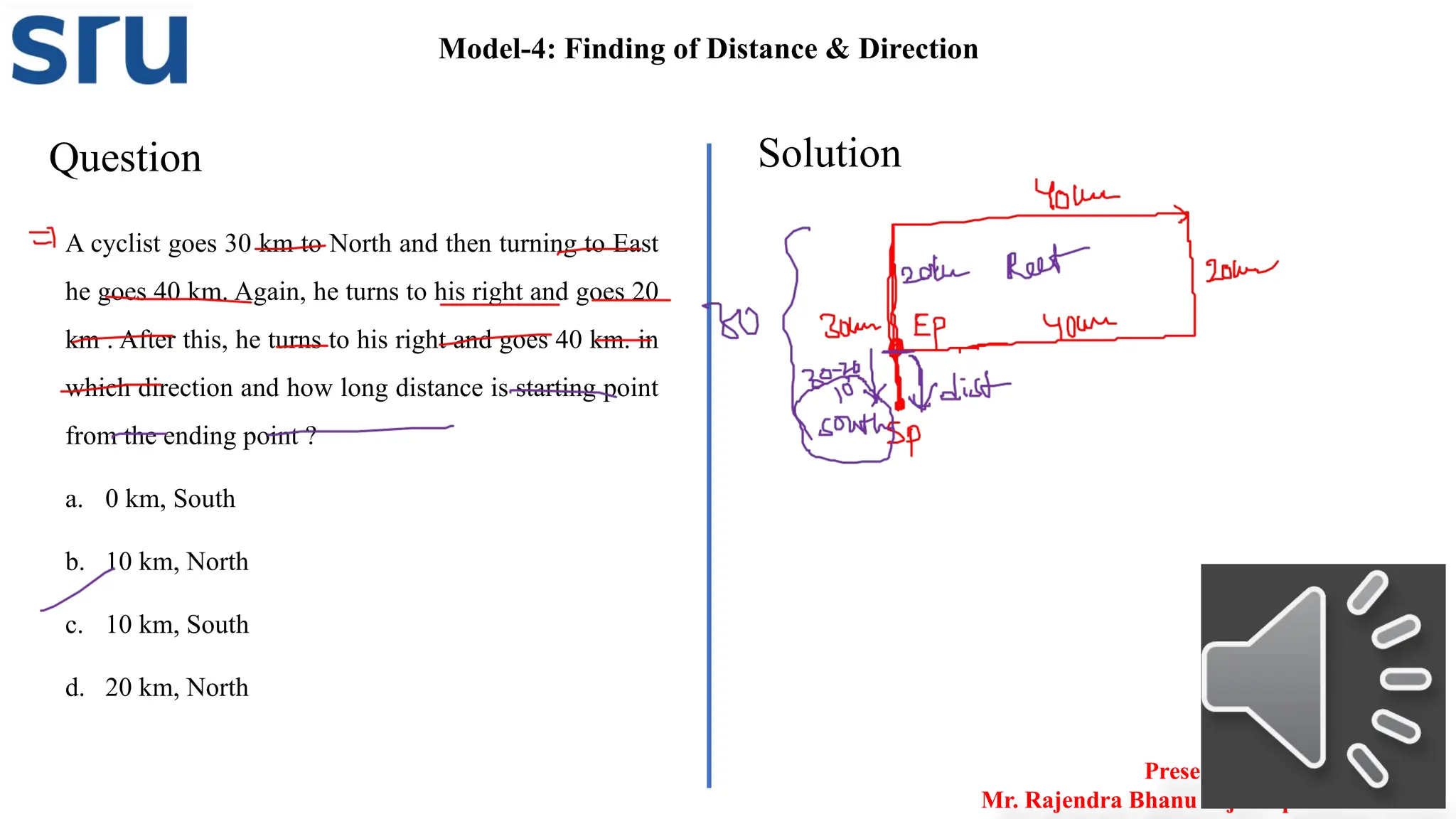 Question Solution
Model-4: Finding of Distance & Direction
A cyclist goes 30 km to North and then turning to East
he goes 40 km. Again, he turns to his right and goes 20
km . After this, he turns to his right and goes 40 km. in
which direction and how long distance is starting point
from the ending point ?
a. 0 km, South
b. 10 km, North
c. 10 km, South
d. 20 km, North
Presented by
Mr. Rajendra Bhanu Teja– Aptitude Trainer
 