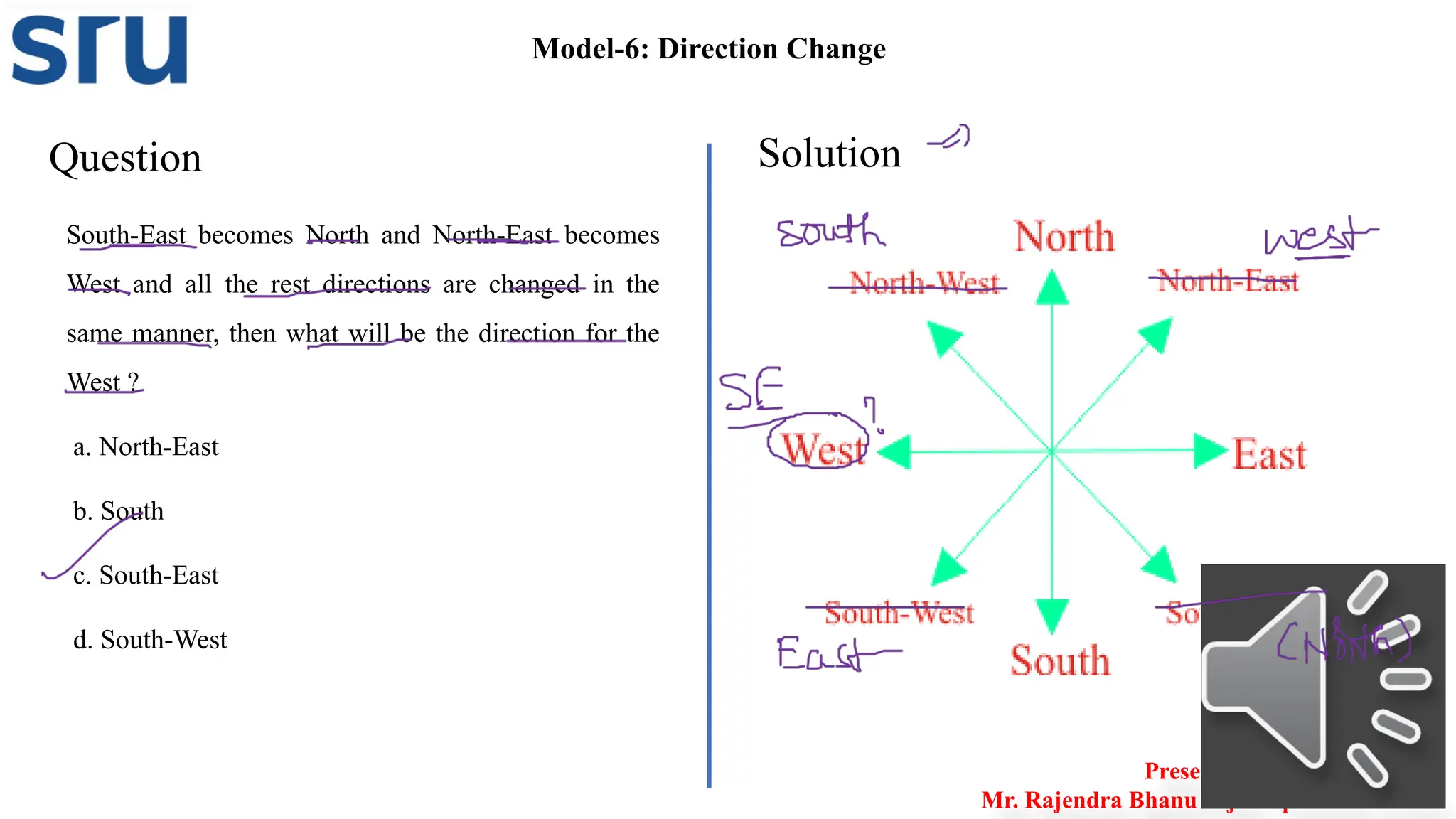 Question Solution
Model-6: Direction Change
South-East becomes North and North-East becomes
West and all the rest directions are changed in the
same manner, then what will be the direction for the
West ?
a. North-East
b. South
c. South-East
d. South-West
Presented by
Mr. Rajendra Bhanu Teja– Aptitude Trainer
 