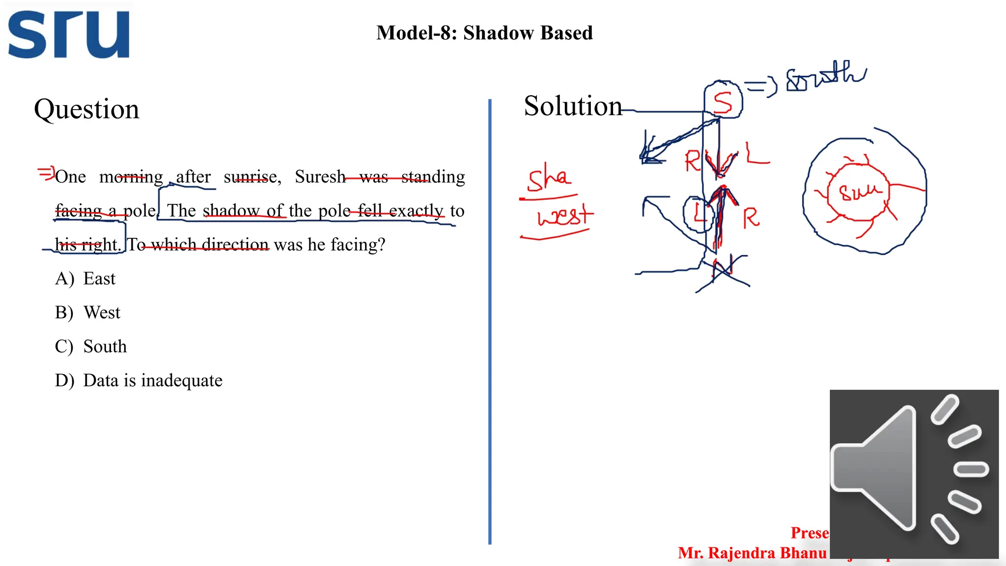 Question Solution
Presented by
Mr. Rajendra Bhanu Teja– Aptitude Trainer
Model-8: Shadow Based
One morning after sunrise, Suresh was standing
facing a pole. The shadow of the pole fell exactly to
his right. To which direction was he facing?
A) East
B) West
C) South
D) Data is inadequate
Presented by
Mr. Rajendra Bhanu Teja– Aptitude Trainer
 