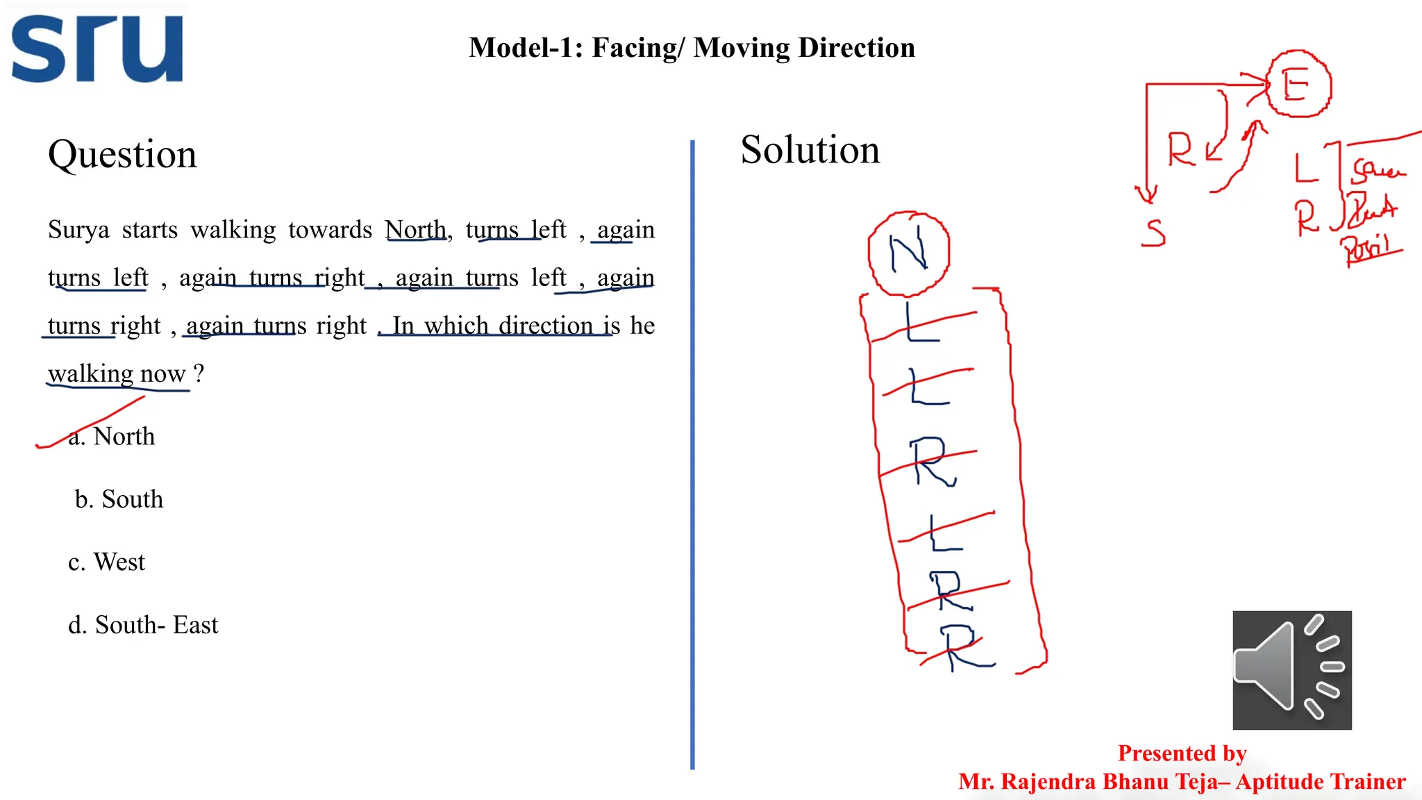 Surya starts walking towards North, turns left , again
turns left , again turns right , again turns left , again
turns right , again turns right . In which direction is he
walking now ?
a. North
b. South
c. West
d. South- East
Model-1: Facing/ Moving Direction
Question Solution
Presented by
Mr. Rajendra Bhanu Teja– Aptitude Trainer
 