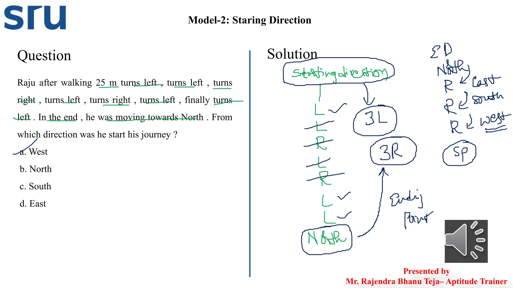 Model-2: Staring Direction
Question Solution
Raju after walking 25 m turns left , turns left , turns
right , turns left , turns right , turns left , finally turns
left . In the end , he was moving towards North . From
which direction was he start his journey ?
a. West
b. North
c. South
d. East
Presented by
Mr. Rajendra Bhanu Teja– Aptitude Trainer
 