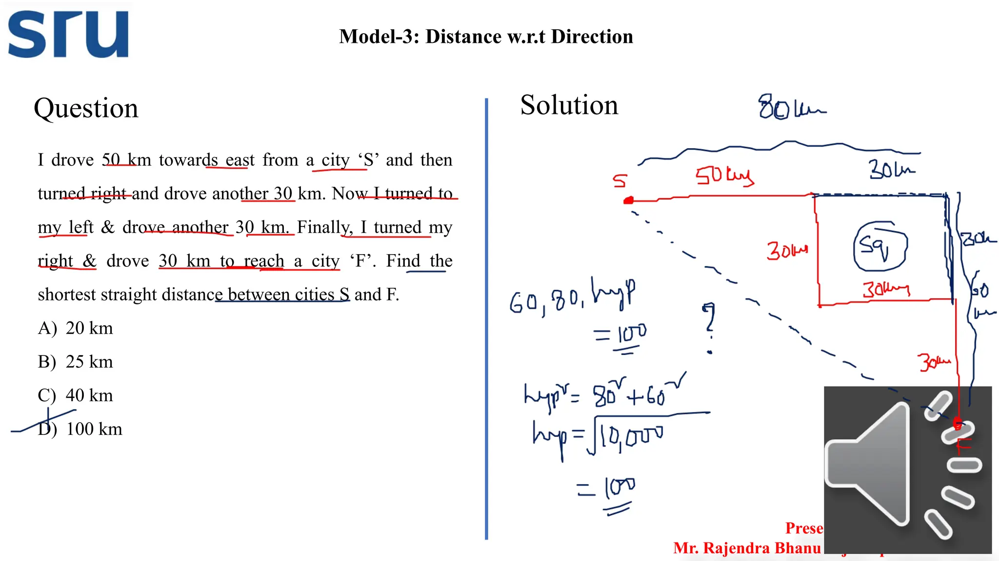 Question Solution
Model-3: Distance w.r.t Direction
I drove 50 km towards east from a city ‘S’ and then
turned right and drove another 30 km. Now I turned to
my left & drove another 30 km. Finally, I turned my
right & drove 30 km to reach a city ‘F’. Find the
shortest straight distance between cities S and F.
A) 20 km
B) 25 km
C) 40 km
D) 100 km
Presented by
Mr. Rajendra Bhanu Teja– Aptitude Trainer
 