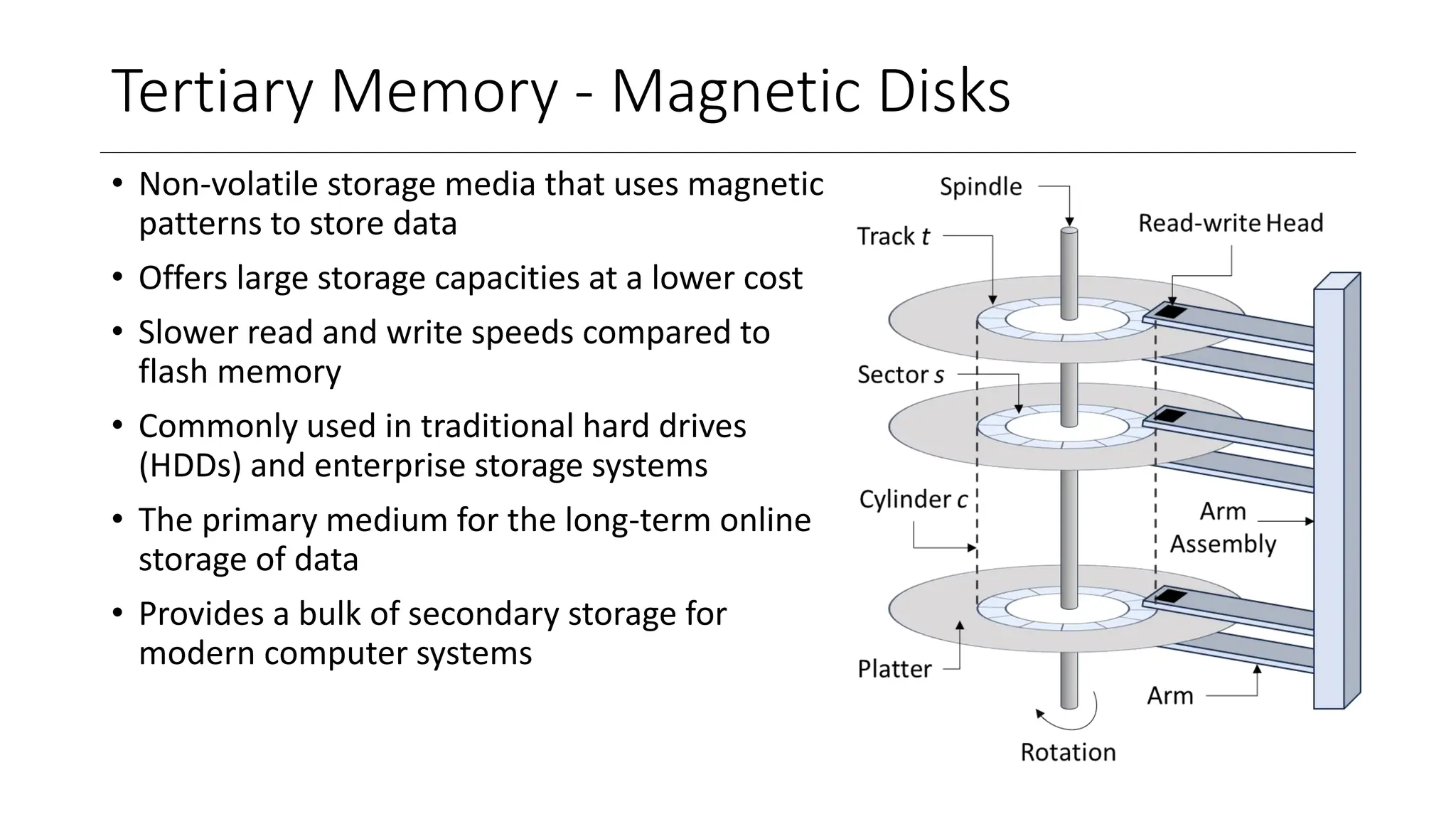 Tertiary Memory - Magnetic Disks
• Non-volatile storage media that uses magnetic
patterns to store data
• Offers large storage capacities at a lower cost
• Slower read and write speeds compared to
flash memory
• Commonly used in traditional hard drives
(HDDs) and enterprise storage systems
• The primary medium for the long-term online
storage of data
• Provides a bulk of secondary storage for
modern computer systems
 