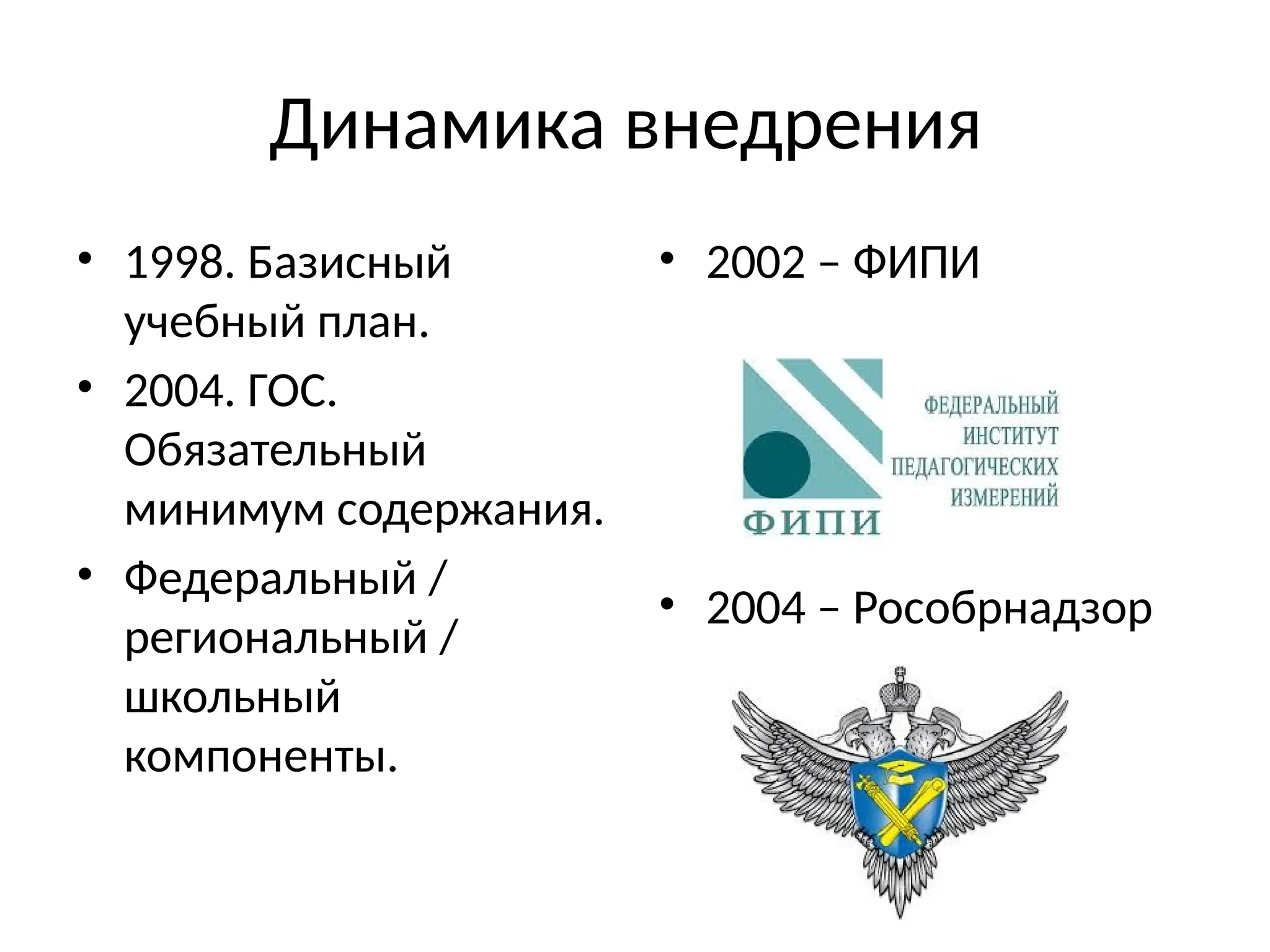 Динамика внедрения
• 1998. Базисный
учебный план.
• 2004. ГОС.
Обязательный
минимум содержания.
• Федеральный /
региональный /
школьный
компоненты.
• 2002 – ФИПИ
• 2004 – Рособрнадзор
 