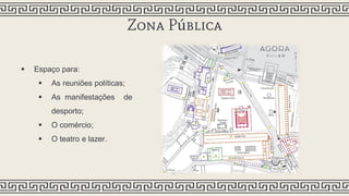Zona Pública
 Espaço para:
 As reuniões políticas;
 As manifestações de
desporto;
 O comércio;
 O teatro e lazer.
 