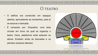 O teatro
• O edifício era construído em espaços
abertos, aproveitando as montanhas, para aí
se escavar a bancada.
• É composto por: Orquestra, uma área
circular em torno da qual se organiza o
teatro; Cena, plataforma onde estavam os
atores. Existiam ainda as bancadas e os
párodos (acessos laterais).
 