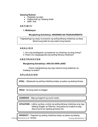 Pagbabahagi ng naisip na kuwento ng sariling likhang mitolohiya sa klase.
Ilahad kung bakit ito ang napili mong kwento.
Unang Markahan| 20
Gawaing Rutinari
 Pagtatala ng Liban
 Pagtse-tsek ng Takdang Aralin
 Balik- Aral
A K T I B I T I
1. Motibasyon
Mungkahing Estratehiya: MASINING NA PAGKUKUWENTO
A N A L I S I S
. 1. Ano ang kahalagahan ng kaalaman sa mitolohiya sa ating buhay?
2. Paano mo mapapaganda ang sariling likhang mitolohiya?
A B S T R A K S Y O N
Mungkahing Estratehiya: ANG SA AKIN LANG!
Paano makakatulong ang mga nakuha mong kaalaman sa
tinalakay na aralin?
A P L I K A S Y O N
GOAL – Makasulat ng sariling mitolohiya batay sa paksa ng akdang binasa.
ROLE - Isa kang sikat na blogger.
AUDIENCE – Mga gumagamit ng social media.
SITUATION – Lilikha ng blog o article ng sariling likhang mitolohiya ang mga
kilalang blogger sa Pilipinas. Ang paksa ay tungkol sa pag-
ibig at isa ka sa napiling gumawa nito.
Unang Markahan| 19
binasa.
PRODUCT – Pagsulat ng sariling mitolohiya batay sa paksa ng akdang
 