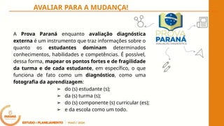 AVALIAR PARA A MUDANÇA!
A Prova Paraná enquanto avaliação diagnóstica
externa é um instrumento que traz informações sobre o
quanto os estudantes dominam determinados
conhecimentos, habilidades e competências. É possível,
dessa forma, mapear os pontos fortes e de fragilidade
da turma e de cada estudante, em específico, o que
funciona de fato como um diagnóstico, como uma
fotografia da aprendizagem:
➢ do (s) estudante (s);
➢ da (s) turma (s);
➢ do (s) componente (s) curricular (es);
➢ e da escola como um todo.
 