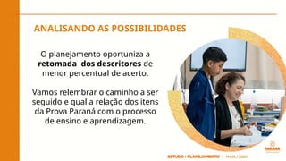 O planejamento oportuniza a
retomada dos descritores de
menor percentual de acerto.
Vamos relembrar o caminho a ser
seguido e qual a relação dos itens
da Prova Paraná com o processo
de ensino e aprendizagem.
ANALISANDO AS POSSIBILIDADES
 