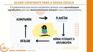 OLHAR CONSTANTE PARA A NOSSA ESCOLA
É fundamental que nossos estudantes tenham uma aprendizagem
significativa para seu desenvolvimento integral e para isso precisamos,
constantemente:
 