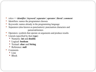  token <= identifier | keyword | separator | operator | literal | comment
 Identifiers: names the programmer chooses
 Keywords: names already in the programming language
 Separators (also known as punctuators): punctuation characters and
paired-delimiters
 Operators: symbols that operate on arguments and produce results
 Literals (specified by their type)
 Numeric: int and double
 Logical: boolean
 Textual: char and String
 Reference: null
 Comments
 Line
 Block
 