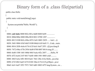 Binary form of a .class file(partial)
public class Hello
{
public static void main(String[] args)
{
System.out.println("Hello, World!");
}
}
0000: cafe babe 0000 002e 001a 0a00 0600 0c09 ................
0010: 000d 000e 0800 0f0a 0010 0011 0700 1207 ................
0020: 0013 0100 063c 696e 6974 3e01 0003 2829 .....<init>...()
0030: 5601 0004 436f 6465 0100 046d 6169 6e01 V...Code...main.
0040: 0016 285b 4c6a 6176 612f 6c61 6e67 2f53 ..([Ljava/lang/S
0050: 7472 696e 673b 2956 0c00 0700 0807 0014 tring;)V........
0060: 0c00 1500 1601 000d 4865 6c6c 6f2c 2057 ........Hello, W
0070: 6f72 6c64 2107 0017 0c00 1800 1901 0005 orld!...........
0080: 4865 6c6c 6f01 0010 6a61 7661 2f6c 616e Hello...java/lan
0090: 672f 4f62 6a65 6374 0100 106a 6176 612f g/Object...java/
00a0: 6c61 6e67 2f53 7973 7465 6d01 0003 6f75 lang/System...ou ...
 
