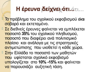 Η έρευνα δείχνει ότι...
 Το πρόβληµα του σχολικού εκφοβισµού είναι
σοβαρό και εκτεταµένο.
 Σε διεθνείς έρευνες φαίνεται να εµπλέκεται
ποσοστό 35% του σχολικού πληθυσµού,
ποσοστό που διαφέρει ανά πολιτισµικό
πλαίσιο και ανάλογα µε τις στρατηγικές
αντιµετώπισης που υιοθετεί η κάθε χώρα.
 Στην Ελλάδα το ποσοστό των µαθητών
που υφίσταται σχολικό εκφοβισµό
υπολογίζεται στο 10% -15% και φαίνεται
να παρουσιάζει αυξητική τάση.
 