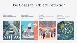 Use Cases for Object Detection
Autonomous
Vehicles recognize and react to
pedestrians
Retail
Analytics track customer behavior
in stores
Surveillance
Systems monitor and identify
suspicious activities
Robotics
Devices navigate and interact
with environments
 
