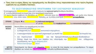11
➢ Ποιες ήταν οι κύριες θέσεις του προγράμματός του Βενιζέλου όπως παρουσιάστηκαν στην πρώτη δημόσια
εμφάνισή του ως ελλαδίτη πολιτικού;
Τ Ο Ε Κ Σ Υ Γ Χ Ρ Ο Ν Ι Σ Τ Ι Κ Ο Π Ρ Ο Γ Ρ Α Μ Μ Α Τ Ο Υ Ε Λ Ε Υ Θ Ε Ρ Ι Ο Υ Β Ε Ν Ι Ζ Ε Λ Ο Υ
Οι εκσυγχρονιστές συσπειρώθηκαν γύρω από το πρόσωπο του κρητικού ηγέτη Ελευθερίου Βενιζέλου,
✔ ο οποίος εξελέγη χωρίς να συμμετέχει στην προεκλογική αναμέτρηση.
▪ Η πρώτη δημόσια εμφάνιση του Βενιζέλου ως ελλαδίτη πολιτικού έγινε στις 5 Σεπτεμβρίου 1910 με μία ομιλία στην πλατεία
Συντάγματος, στην οποία έκανε προγραμματικές δηλώσεις, με τις οποίες υποστήριξε μετριοπαθείς μεταρρυθμίσεις.
ΣΤΟΧΟΙ Στόχευε: ➔ σε εκσυγχρονισμό του πολιτικού συστήματος,
✔ με την εξισορρόπηση των συμφερόντων όλων των κοινωνικών στρωμάτων.
ΒΑΣΙΚΕΣ
ΘΕΣΕΙΣ
Βασικές θέσεις του προγράμματος του ήταν:
1. η κοινωνική γαλήνη,
2. η ελάφρυνση των κατώτερων κοινωνικών στρωμάτων,
3. ο εκσυγχρονισμός του κρατικού μηχανισμού, με σκοπό την αποτελεσματικότερη λειτουργία του,
4. και στρατιωτικοί εξοπλισμοί για την πραγματοποίηση των εθνικών διεκδικήσεων.
5. Επίσης, παρά την πίεση των οπαδών του, υποστήριξε την αναθεώρηση του υπάρχοντος
συντάγματος και όχι την ψήφιση νέου.
6. Πολιτειακό ζήτημα δεν έθεσε.
ΙΔΡΥΣΗ
ΚΟΜΜΑΤΟΣ
Προανήγγειλε την ίδρυση ενός κόμματος αρχών, το οποίο θα ήταν φορέας των μεταρρυθμίσεων. Το κόμμα
ιδρύθηκε και τυπικά στις 22 Αυγούστου 1910, από μέλη της Εθνοσυνέλευσης.
 