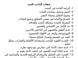 ‫الجيد‬ ‫الباحث‬ ‫صفات‬
1
-
‫البحث‬ ‫في‬ ‫الجادة‬ ‫الرغبة‬
2
-
‫البحث‬ ‫مصاعب‬ ‫وتحمل‬ ‫الصبر‬
3
-
‫الذهن‬ ‫وصفاء‬ ‫التفكير‬ ‫وضوح‬
4
-
‫البيانات‬ ‫وجمع‬ ‫الحقائق‬ ‫تقصي‬ ‫في‬ ‫واألمانة‬ ‫الصدق‬
5
-
‫وأهدافه‬ ‫البحث‬ ‫بمشكلة‬ ‫الجيدة‬ ‫المعرفة‬
6
-
‫والحشو‬ ‫االقتباس‬ ‫من‬ ‫اإلكثار‬ ‫عد‬
7
-
‫اآلخرين‬ ‫الباحثين‬ ‫في‬ ‫والتشهير‬ ‫الطعن‬ ‫عدم‬
8
-
‫الشخصية‬ ‫األهواء‬ ‫عن‬ ‫والبعد‬ ‫الموضوعية‬
9
-
‫مسبقا‬ ‫النتائج‬ ‫وإصدار‬ ‫التعميم‬ ‫عن‬ ‫البعد‬
10
-
‫بشكل‬ ‫والعبارات‬ ‫األلفاظ‬ ‫واستخدام‬ ‫للباحث‬ ‫اللغوية‬ ‫القدرة‬
‫سليم‬
11
-
‫نظره‬ ‫وجهة‬ ‫مع‬ ‫تتعارض‬ ‫التي‬ ‫األدلة‬ ‫حذف‬ ‫عدم‬
12
-
‫به‬ ‫يقوم‬ ‫الذي‬ ‫البحث‬ ‫في‬ ‫القصور‬ ‫أوجه‬ ‫إخفاء‬ ‫عدم‬
13
-
‫في‬ ‫والمناسبة‬ ‫الحديثة‬ ‫البرامج‬ ‫واستخدام‬ ‫التحليل‬ ‫على‬ ‫القدرة‬ 3
 