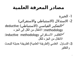 ‫العلمية‬ ‫المعرفة‬ ‫مصادر‬
1
-
‫الخبرة‬
2
) ( -
‫واالستقرائي‬ ‫االستنباطي‬ ‫االستدالل‬

) (
‫االستنباطي‬ ‫ي‬c‫القياس‬ ‫ر‬c‫التفكي‬
deductive
methodology
‫الجزء‬ ‫إلى‬ ‫الكل‬ ‫من‬ ‫االنتقال‬ :

‫تقرائي‬ ‫االس‬ ‫ر‬ ‫التفكي‬
inductive methodology
:
‫للكل‬ ‫الجزء‬ ‫من‬ ‫االنتقال‬
3
‫ث‬ ‫للبح‬ ‫ة‬ ‫حديث‬ ‫ة‬ ‫كطريق‬ )‫ة‬ ‫العلمي‬ ‫ة‬ ‫(الطريق‬ ‫ي‬ ‫العلم‬ ‫اؤل‬ ‫التس‬ -
‫والتفكير‬
7
 